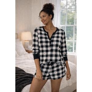 Victoria’s Secret Cotton Thermal Plaid Heart Pajama Set Black White Medium